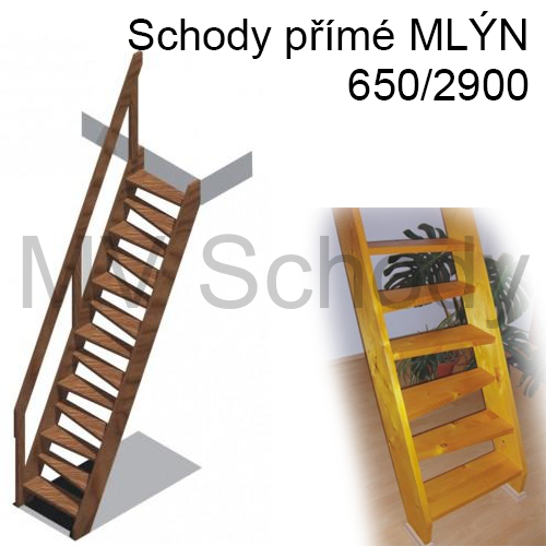 Typové schody přímé MLÝN 650/2900 se zábradlím
